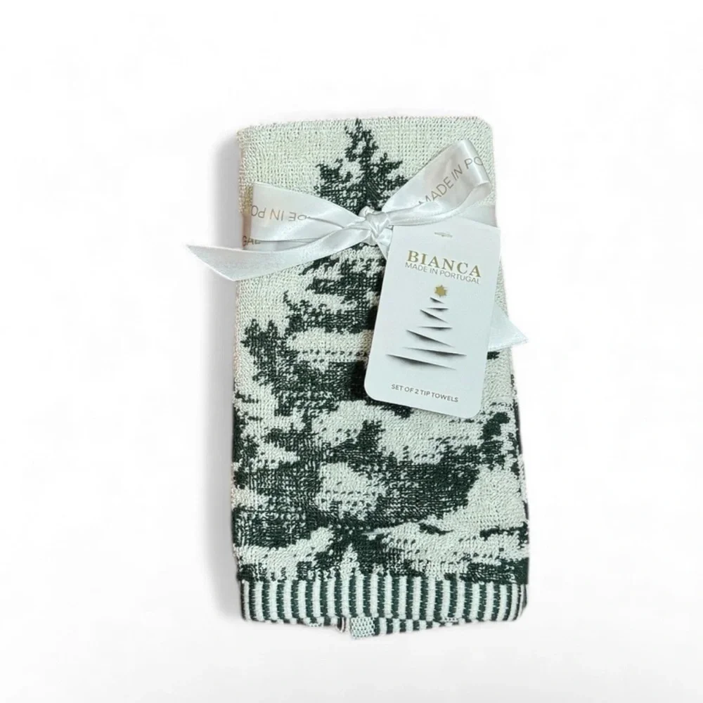 Bianca 2 Pc Fingertip Towels Christmas Tree Holiday Cotton 11x18” Made Portugal